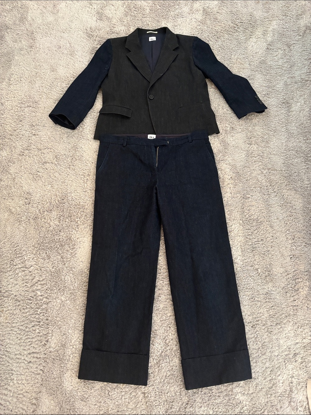 Two-Tone Navy & Black women Blazer and Trousers Suit Set-98%cotton